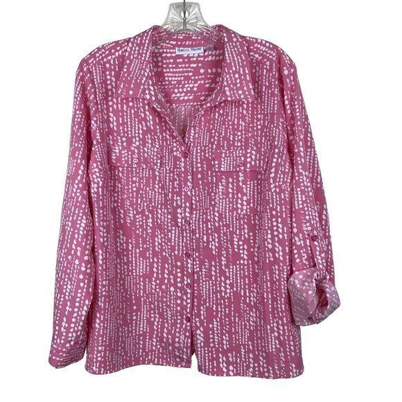 Rebecca Malone Womens Pink & White Abstract Print Blouse Size L  L/S Roll Tab - Picture 1 of 8